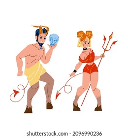 Devil People Man And Woman Stand Together Vector. Devil People Boy And Girl Holding Human Skull And Trident Accessories. Characters Halloween Holiday Celebrate Flat Cartoon Illustration