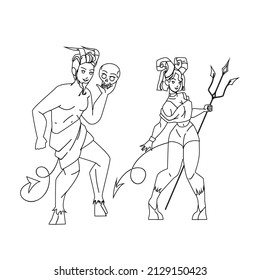 Devil People Man And Woman Stand Together Black Line Pencil Drawing Vector. Devil People Boy And Girl Holding Human Skull And Trident Accessories. Characters Halloween Holiday Celebrate Illustration