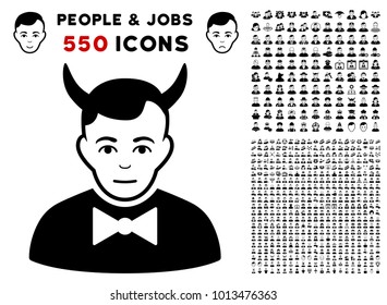 Devil pictograph with 550 bonus pitiful and glad person graphic icons. Vector illustration style is flat black iconic symbols.