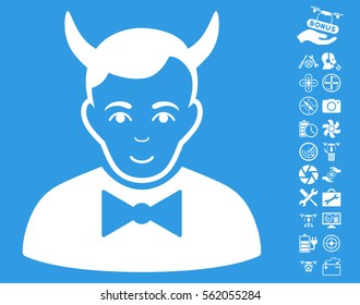 Devil pictograph with bonus flying drone tools symbols. Vector illustration style is flat iconic white symbols on blue background.