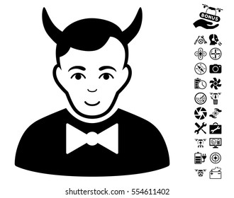 Devil pictograph with bonus quadrocopter service icon set. Vector illustration style is flat iconic black symbols on white background.