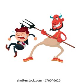 devil with a pitchfork and weeping sinner, vector illustration