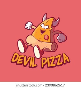 Devil Pizza slice character vector illustration. Funny, food, logo design concept