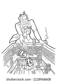 Devil playing dice in casino. Black and white vector illustration