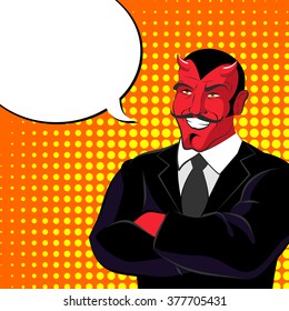 devil pop art. Red horned demonl and text bubble. Satan laughs. lucifer in  business suit.

