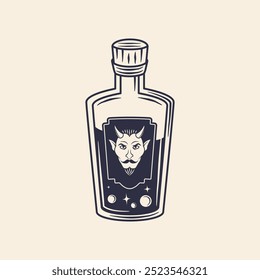 Devil potion. Halloween Bottle. Magic potion, Elixir icon. Vintage doodle style. Vector illustration