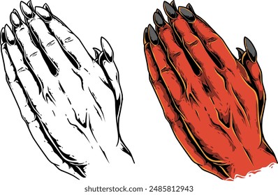 Devil praying hand sign black and white and colorful vector illustration