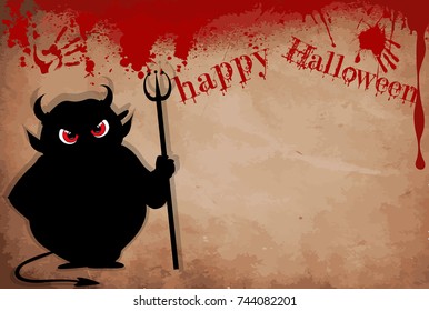 Devil with predatory red  eyes silhouette  holding trident on bloody grunge background with space for text. Happy halloween vector  illustration, framework, template. 