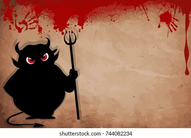 Devil with predatory red  eyes silhouette  holding trident on bloody grunge background with space for text. Happy halloween vector  illustration, framework, template. 