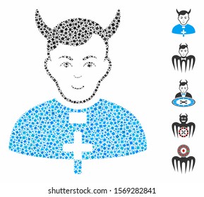 Devil priest icon mosaic of ragged items in variable sizes and color tints, based on devil priest icon. Vector rough items are organized into mosaic. Devil priest icons collage with dotted pattern.
