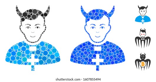 Devil priest mosaic of filled circles in different sizes and color tinges, based on devil priest icon. Vector filled circles are united into blue composition.