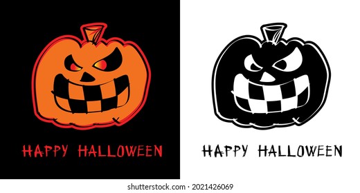 Devil Pumpkin Happy Halloween print shirt horror on black background and one color black on white background. Design logo drawn brush style for pumpkin and happy Halloween calligraphy abstract vector