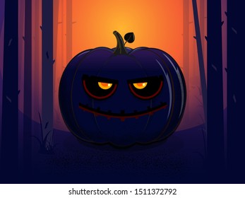 Devil pumpkin at sunset on Halloween in the shade of the forest among the trees and grasses with hellish burning eyes and a terrible smile