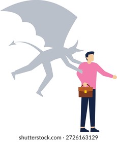 Diabo empurrando homem de negócios em projeção

