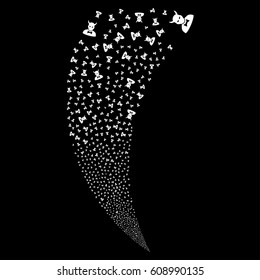 Devil random fireworks stream. Vector illustration style is flat white iconic symbols on a black background. Object fountain done from scattered pictograms.