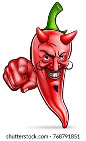 Devil red chilli pepper cartoon character mascot pointing his finger in a wants you gesture