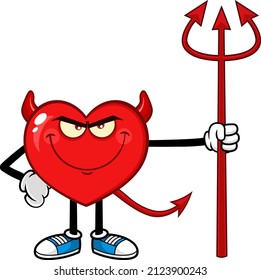 Devil Red Heart Cartoon Charakter Deviled Feuercartoon Charakter Holding А Trident. handgezeichnete Vektorgrafik einzeln auf weißem Hintergrund