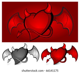 Devil red heart with horns, tail and wings, vector illustration