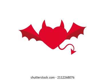 Devil red heart icon isolated on white background. Heart with tail wings and horns. Flat design simple clip art vector illustration.