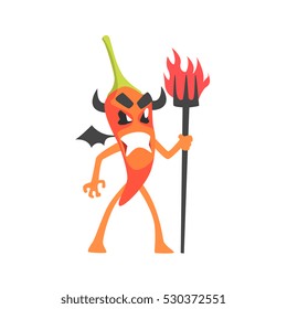 Devil Red Hot Chili Pepper Humanized Emotional Flat Cartoon Character With Wings And Horns Holding A Scepter