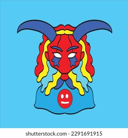 Devil Red lady with blue horns cartoon vector illustration