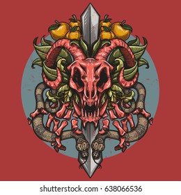devil red skull and snake vintage illustration