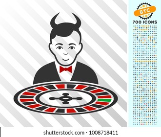 Devil Roulette Croupier icon with 7 hundred bonus bitcoin mining and blockchain clip art. Vector illustration style is flat iconic symbols designed for cryptocurrency software.