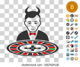 Devil Roulette Croupier pictograph with bonus bitcoin mining and blockchain pictures. Vector illustration style is flat iconic symbols. Designed for crypto currency apps.