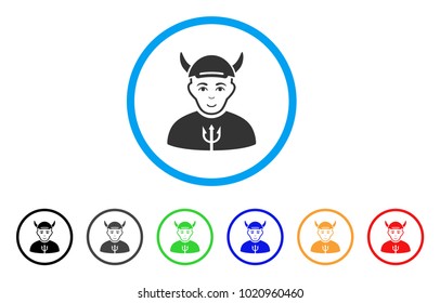 Devil rounded icon. Style is a flat devil gray symbol inside light blue circle with black, gray, green, blue, red, orange versions. Smiling devil vector pictograph. Human face has positive emotions.