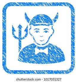 Devil rubber stamp watermark. Icon vector symbol with scratched design and corrosion texture in rounded rectangle. Scratched blue emblem. Guy face has glad emotions. a person from devil in a cap.