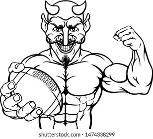 A devil Satan American Football sports mascot cartoon character man holding a ball