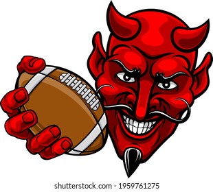 A devil or satan American football sports mascot cartoon character holding a ball