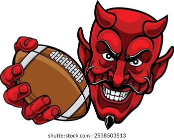 Ein Teufel oder satan American Football Sport Maskottchen Cartoon Figur, die einen Ball hält