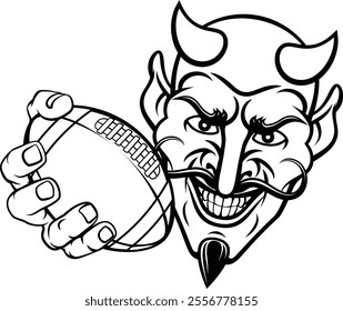 A devil or satan American football sports mascot cartoon character holding a ball