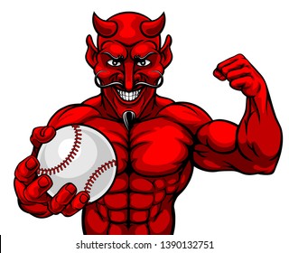 A devil Satan baseball or softball sports mascot cartoon character man holding a ball