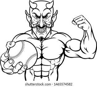 A devil Satan baseball or softball sports mascot cartoon character man holding a ball