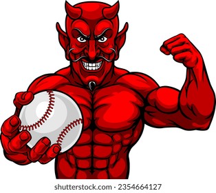 Ein Teufel Satan Baseball oder Softball Sport Maskottchen-Zeichentrickfigur Mann, der einen Ball hält