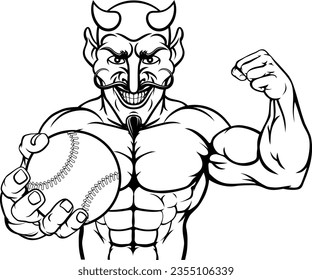 Ein Teufel Satan Baseball oder Softball Sport Maskottchen-Zeichentrickfigur Mann, der einen Ball hält