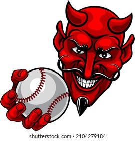 A devil or satan baseball sports mascot cartoon character holding a ball 