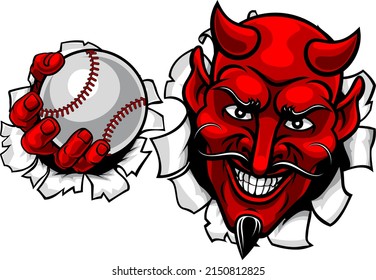 A devil or satan baseball sports mascot cartoon character holding a ball 