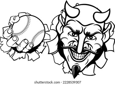 A devil or satan baseball sports mascot cartoon character holding a ball 
