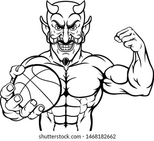 A devil Satan basketball sports mascot cartoon character man holding a ball