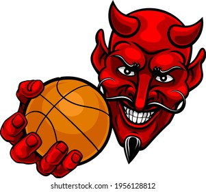 A devil or satan basketball sports mascot cartoon character holding a ball 