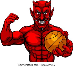 A devil Satan basketball sports mascot cartoon character man holding a ball