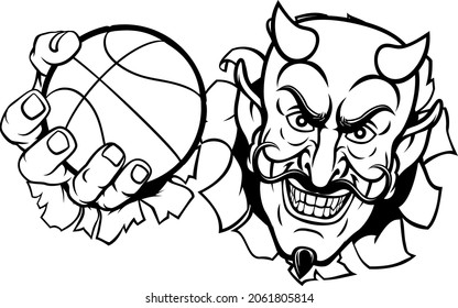 A devil or satan basketball sports mascot cartoon character holding a ball 