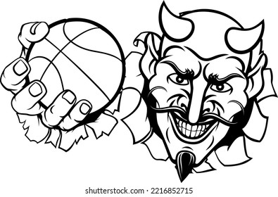 A devil or satan basketball sports mascot cartoon character holding a ball 