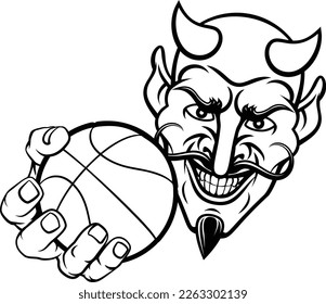 A devil or satan basketball sports mascot cartoon character holding a ball 