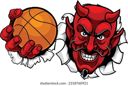 A devil or satan basketball sports mascot cartoon character holding a ball 