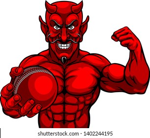 A devil Satan cricket sports mascot cartoon character man holding a ball