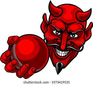 A devil or satan cricket sports mascot cartoon character holding a ball 
